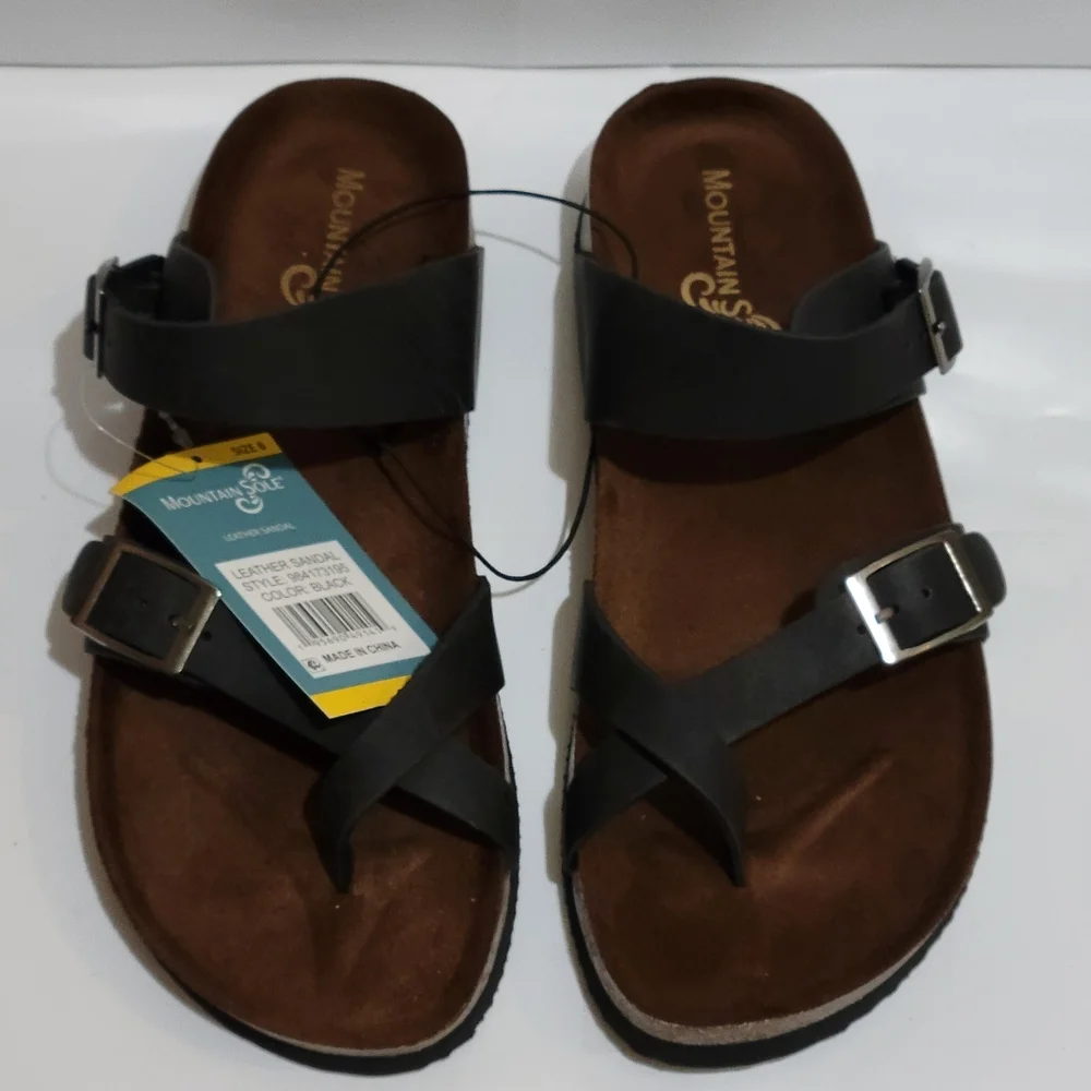 Mountain Sole Women's Leather Footbed Sandals‎ Black Adjustable Buckle